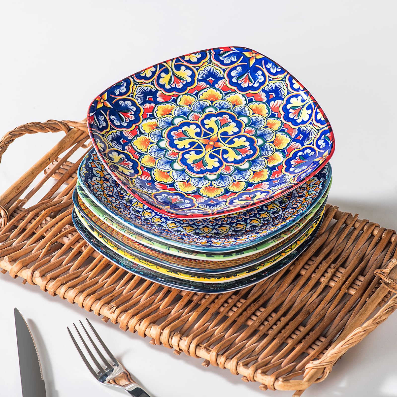 HENXFEN LEAD Dessertteller & Vorspeisenteller Porzellan, 18cm Quadratischer Salatteller 6er Set, Bunte Teller Set für Vorspeisen, Salat und Desserts - Bohemian Style