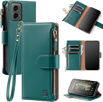 Shieldtop Compatible with Motorola Moto G 5G 2024 Wallet Case with Card Holder,Women Men RFID Blocking PU Leather Flip Cover Wrist Strap Zipper Credit Card Slots,Phone Case for MotoG 5G 2024,BlueGreen