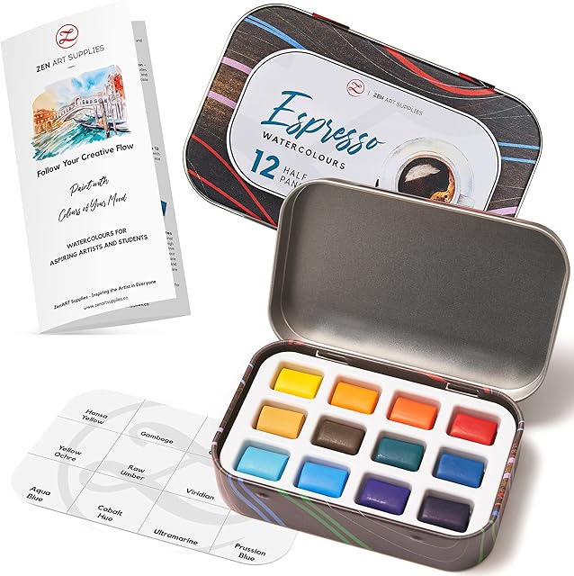 Travel Watercolour Set for Beginners - 12 Half-Pan Vibrant Watercolour Paints - Compact Portable Watercolour Paint Set in a Pocket Size Tin Box with Mixing Area - ESPRESSO Starter Colours by ZenART