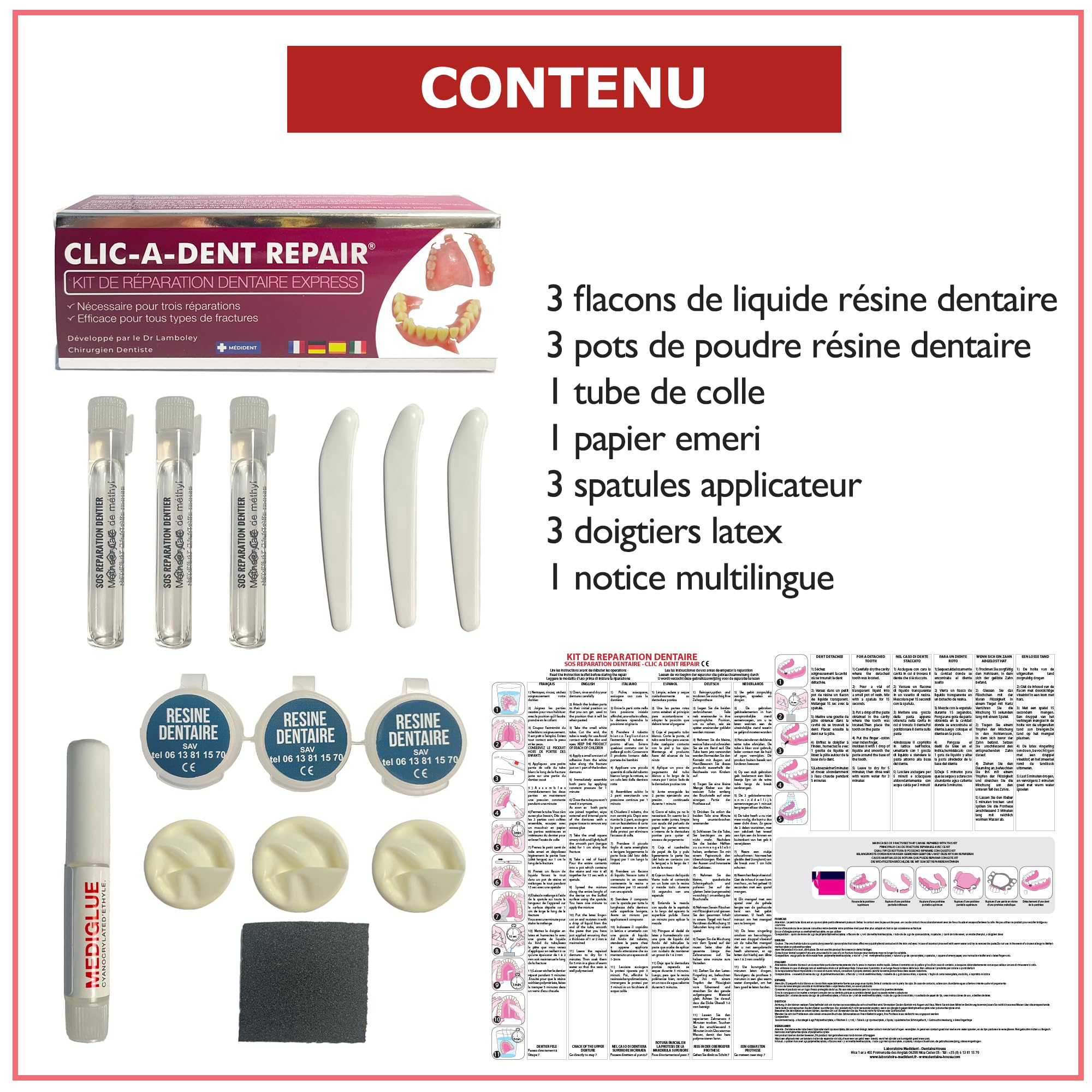 CLICADENT REPAIR -Kit de réparation dentaire pour dentier cassé – Mis au point par un Chirurgien-Dentiste | Répare les prothèses dentaires fissurées ou cassées rapidement à domicile