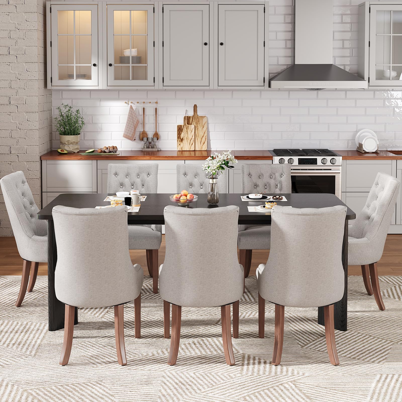 MALOL 9-Piece Rectangular Dining Table Set for 8, 63" Industrial Kitchen Table with 8 Tufted Parsons Dinner Chairs for Dining Room, Kitchen, Living Room, Black+Light Grey