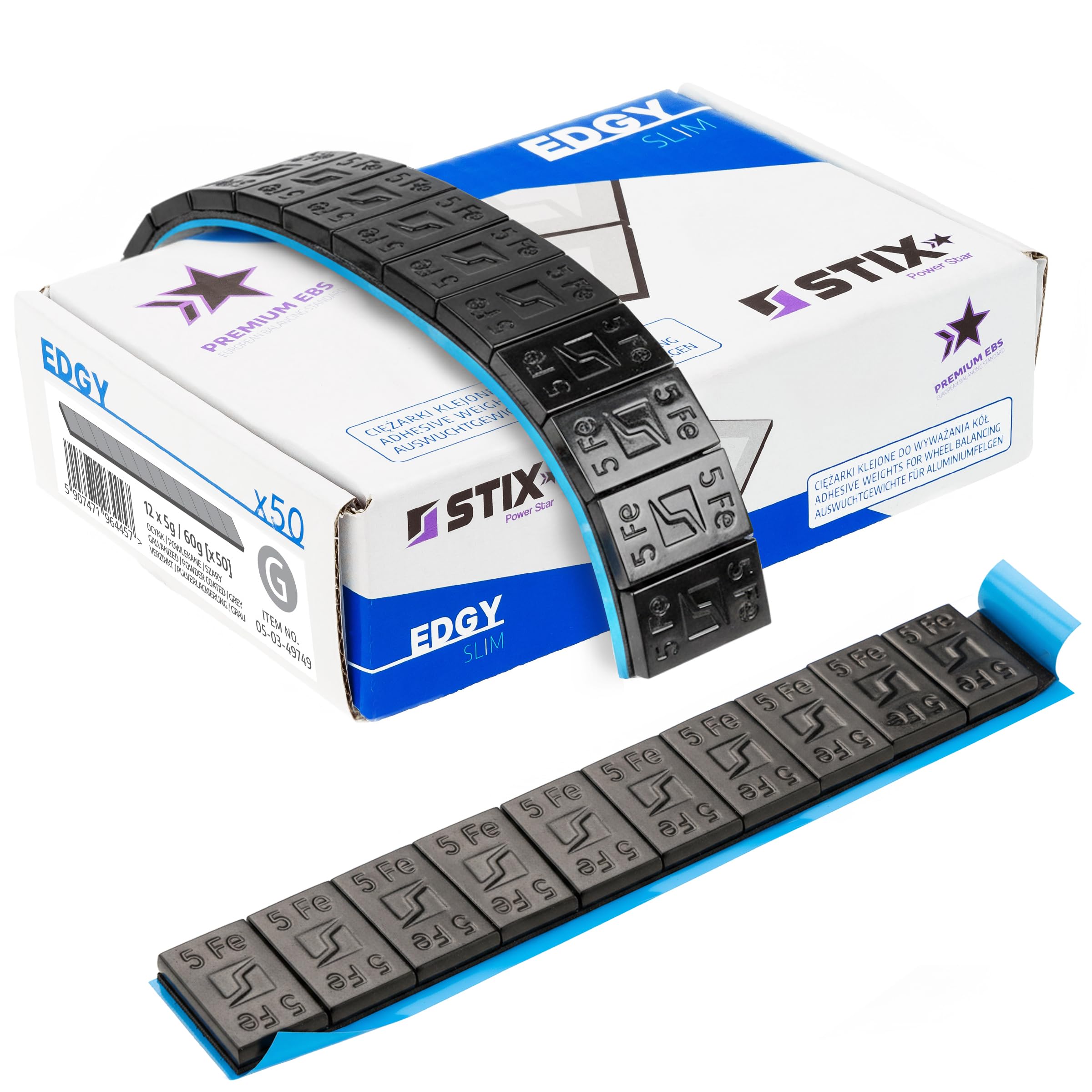 Stix Edgy Slim - 50 strisce di pesi di bilanciamento 60 g, 12 x 5 g, in acciaio zincato da 3,5 mm, con ampio nastro adesivo per cerchioni in alluminio e cerchioni neri per auto