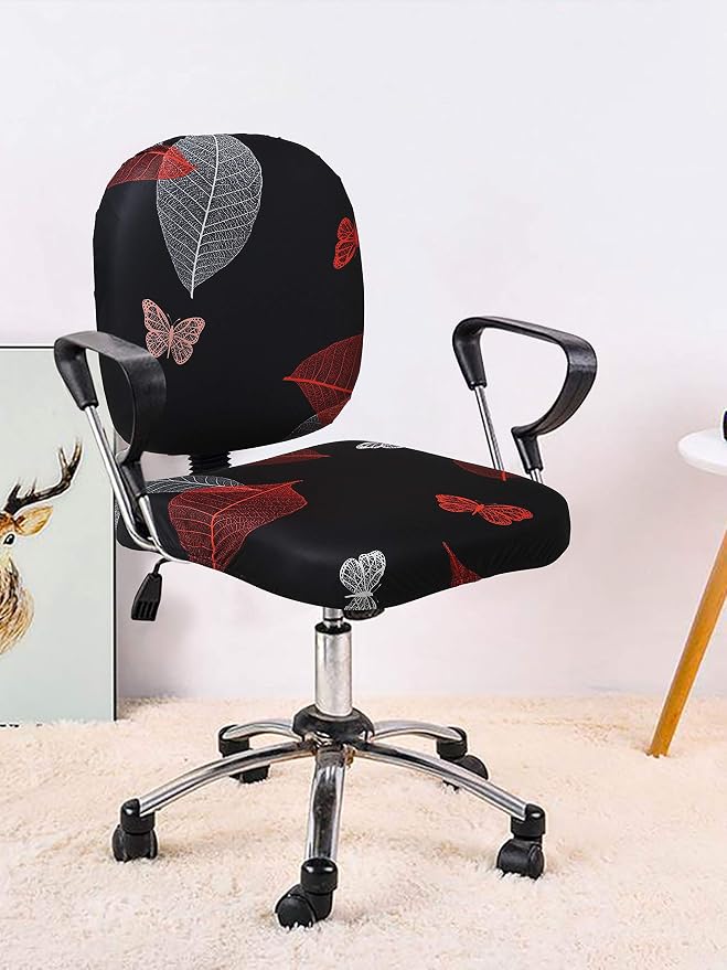 Cortina Rotating Chair Office Covers | Soft Stretchable Elastic Spandex Material | Elastic Computer Chair Slip Covers | Removable Chair Case | Leaf Print – Black 2 | Chair Cover Set of 1