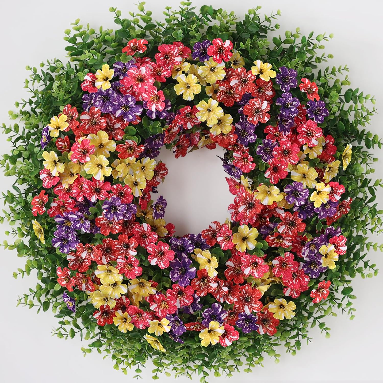 26" Artificial Flower & Eucalyptus Wreath for Front Door - Faux Starry Sky Morning Glory Flowers and Eucalyptus Leaves Wreath, Spring Summer Wreath for Wall Window Farmhouse Decor (Mixed Color)