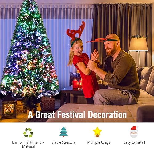 Miniatura 2 de GOFLAME Árbol de Navidad artificial preiluminado de 5 pies, árbol de Navidad de fibra óptica de alta calidad, árbol de Navidad de abeto navideño con
