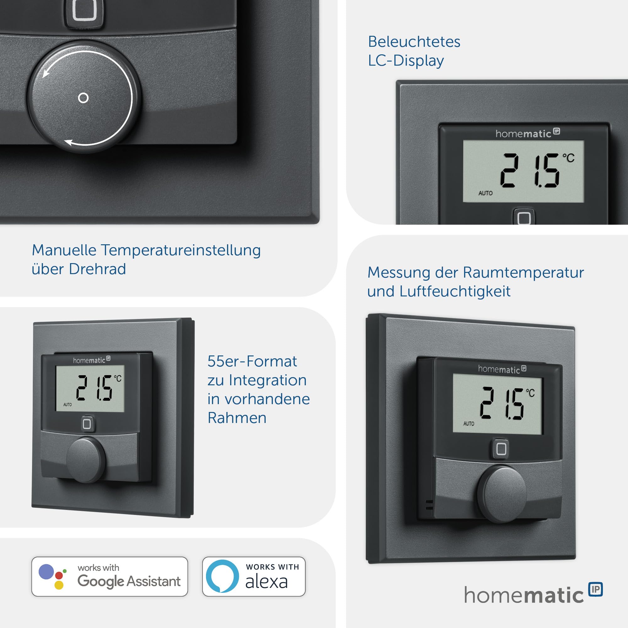 Homematic IP Smart Home 159820A0 termostat ścienny z czujnikiem wilgotności powietrza, cyfrowy termostat, grzejnik/ogrzewanie podłogowe, aplikacja Alexa, Google Assistant, pomiar temperatury,