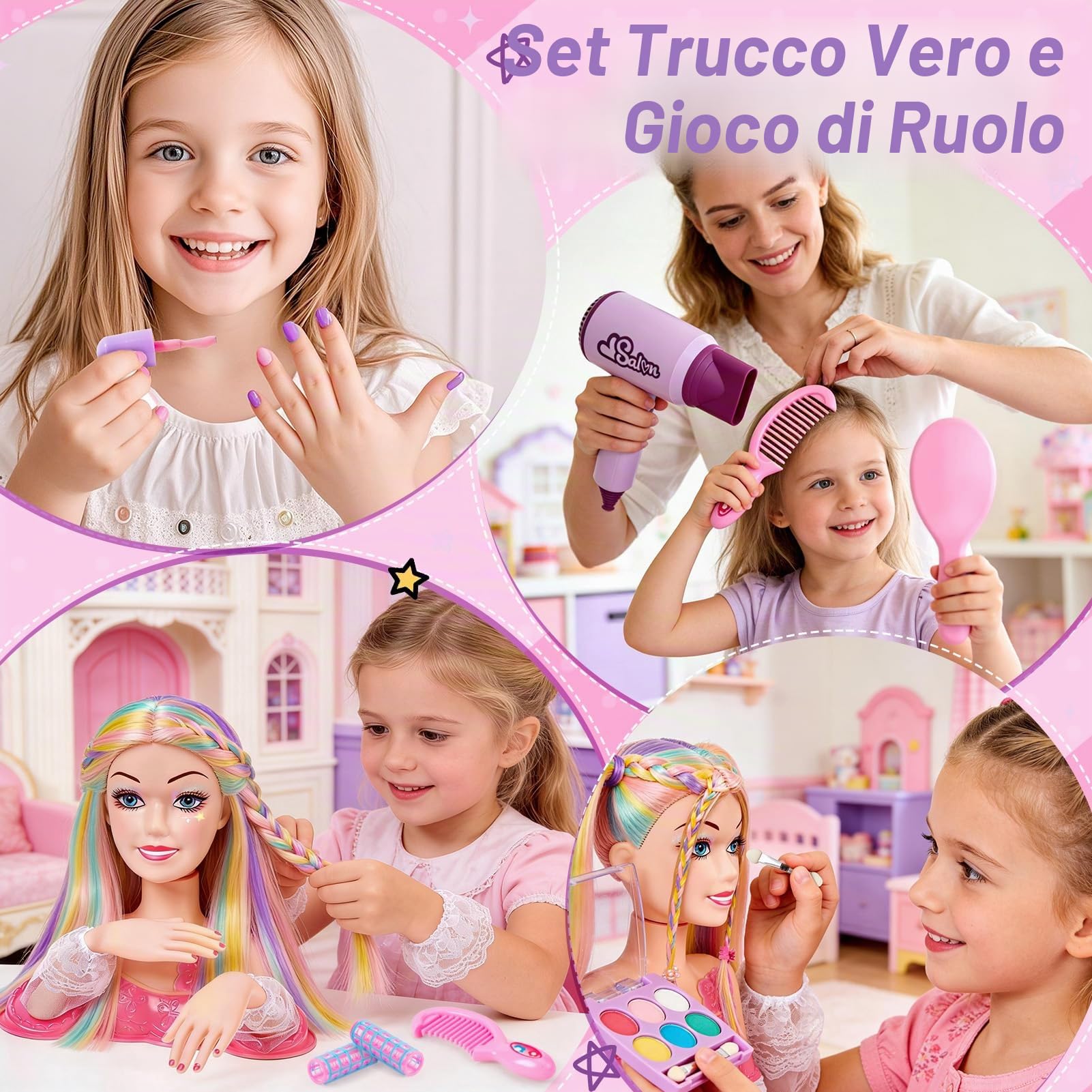 vamei Testa Bambola da Truccare e Pettinare, Set Parrucchiera con Asciugacapelli Smalto Unghie Trucchi e Accessori per Capelli, Giocattoli Salone Giochi Bambini Regalo Bambina 3 4 5 6 7 8 Anni