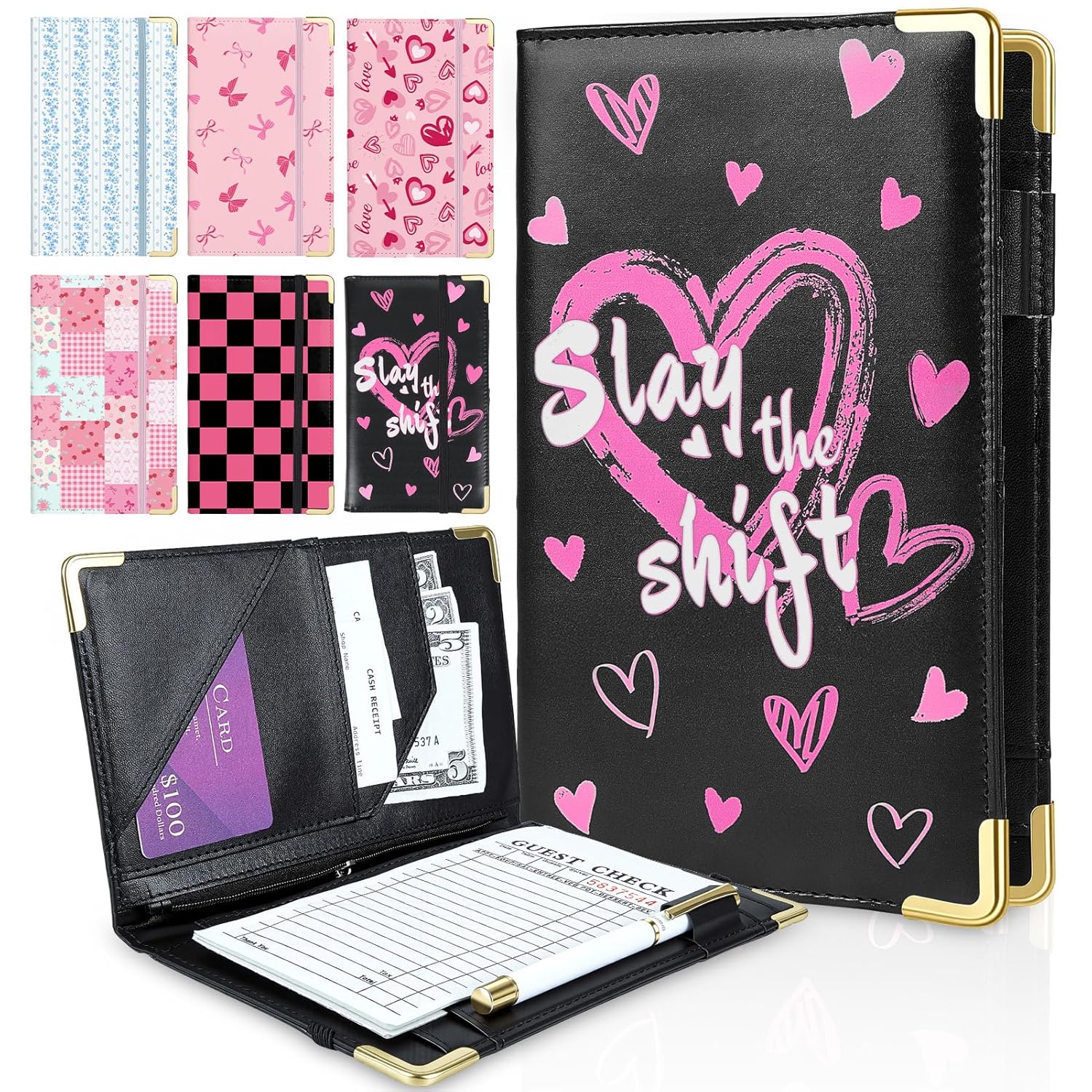 Server Book, Cute Server Books for Waitress, PU Leather Serving Book with Zipper Pocket & Pen Holder, Waitress Books Fit Servers Apron, Black Hearts