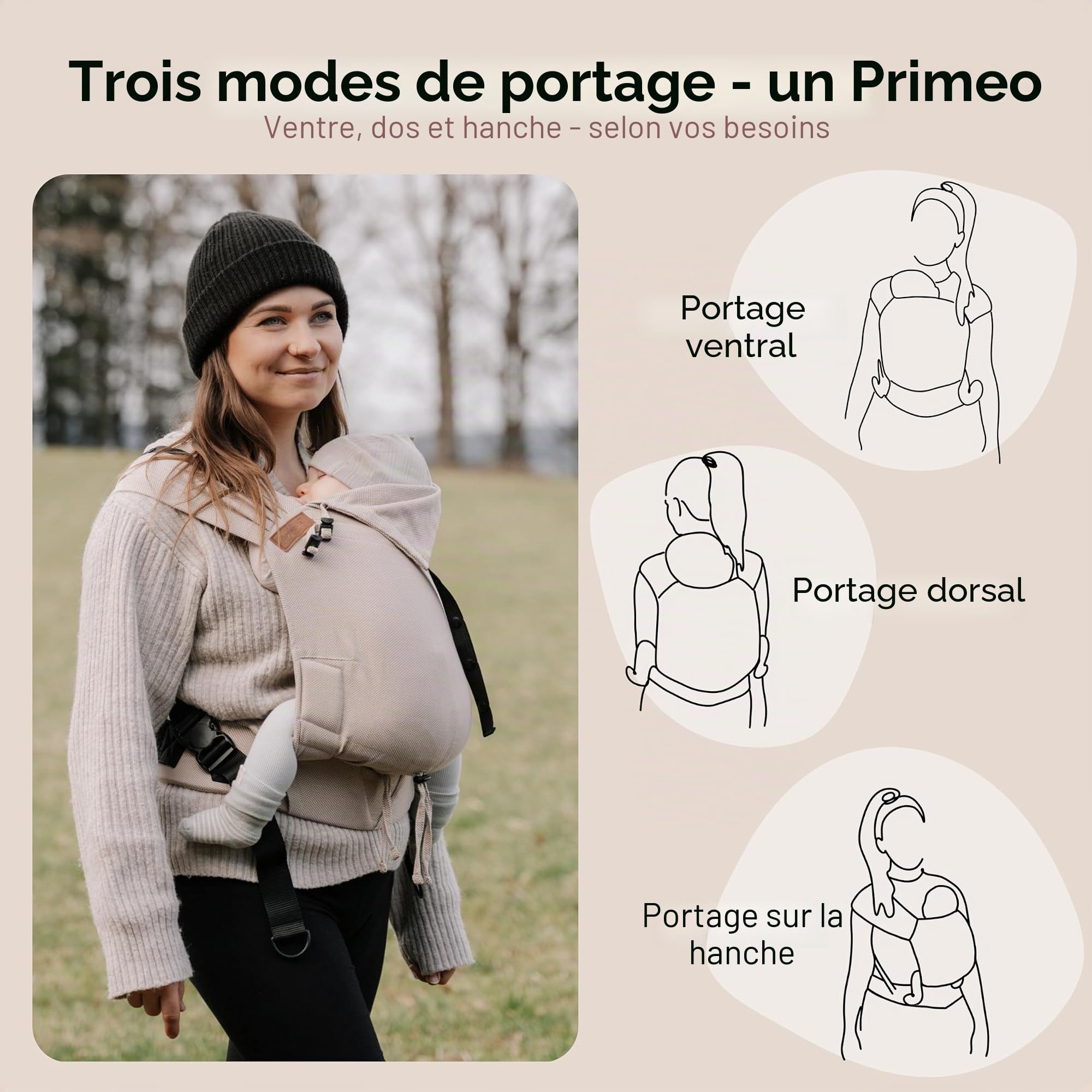 Hoppediz Porte-bébé Primeo Full-Buckle dès la naissance (2.5-15 kg), Porte-bébé ventral et dorsal, Taille Réglable, 100% coton bio, Design Djerba