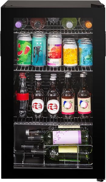 Mini Fridge 93 Litre Undercounter Freestanding Beverage/Drinks Wine Fridge for Beer in Black, LED Light, Drinks & Snacks Glass Door, 3 Adjustable Shelves, Energy Efficient, K48BC101B - 1