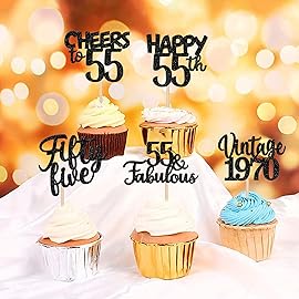 30PCS Happy 55th Birthday Cupcake Toppers Glitter Fifty Five Vintage 1970 Cupcake Picks 55 Fabulous Cheers to 55 Years Cake Decorations for 55th Birthday Anniversary Party Supplies Black