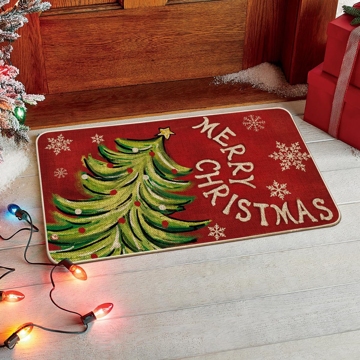 Artoid Mode Xmas Tree Merry Christmas Doormat, Snowflake Winter Home Decor Low-Profile Switch Rug Door Mat Floor Mat for Indoor Outdoor 17x29 Inch