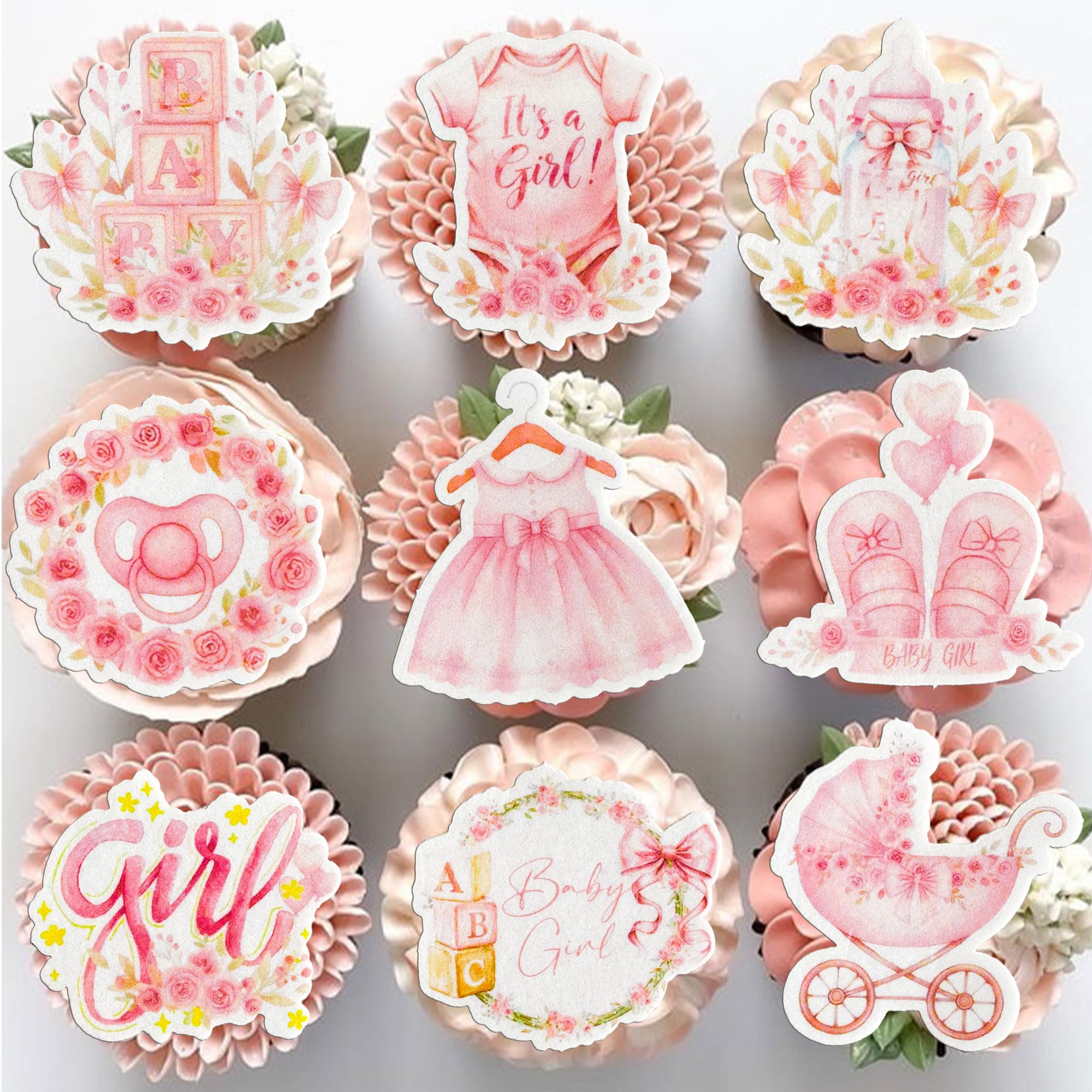 Gyufise 54Pcs Edible Baby Shower Cupcake Toppers Bottle Carriage Oh Baby Girl Cupcake Picks It's a Girl Cupcake Decorations for Gender Reveal Baby Shower Birthday Party Supplies White Pink