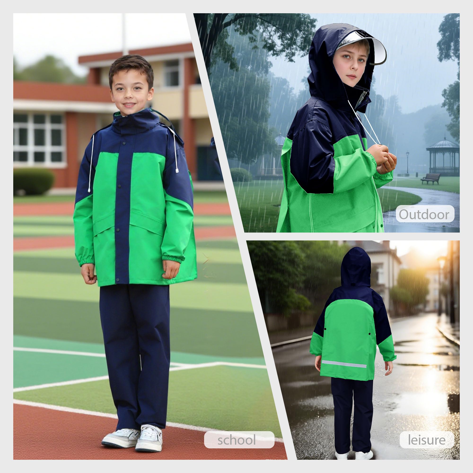 Niño Chubasquero Impermeable con Capucha y Bolsa Portátil Chaqueta Lluvia & Pantalones Traje Impermeable Traje de Lluvia Conjunto Ligero Acampada Primavera Abrigos para 11-12 años, Verde