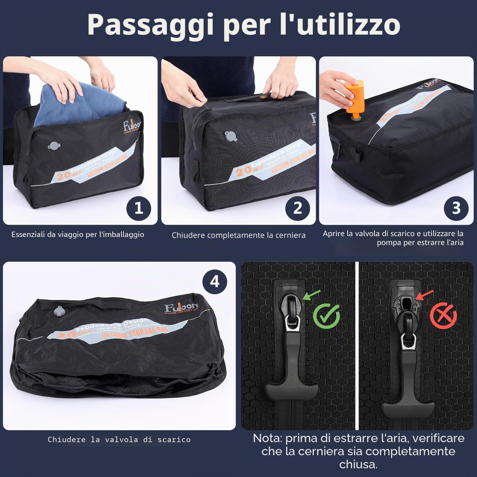 Fuloon Sacchetti Sottovuoto per Vestiti Riutilizzabili Con Pompa 22L,Impermeabili IP67,210D TPU Nylon Organizzatore Bagagli Per Viaggio Conservazione Casa
