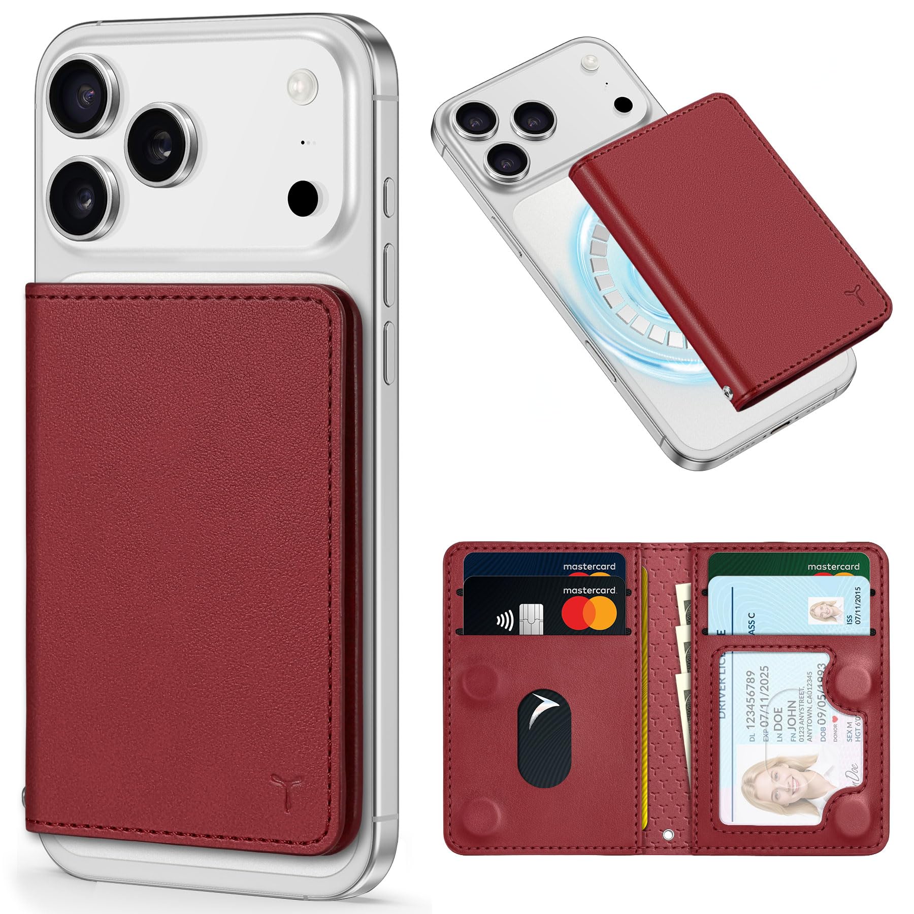[TUCCH] スマホ カードケース 磁気吸着 6枚カード収納 [RFIDブロッキング] PU合皮 脱着簡単 軽量 背面 カードウォレット 磁気ウォレットケース iPhone17/16/15/14/13/12シリーズ対応 ダークレッド