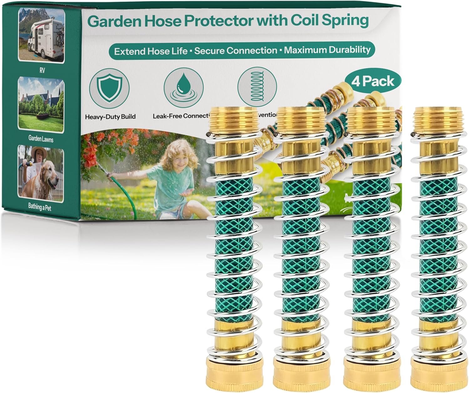 Garden Hose Protector with Coil Spring 4 Pack, Heavy Duty Brass 3/4" GHT Extension Adapter, Kink Free Hose Saver with Stainless Steel Spring & Washers for Garden & Summer Lawn Watering