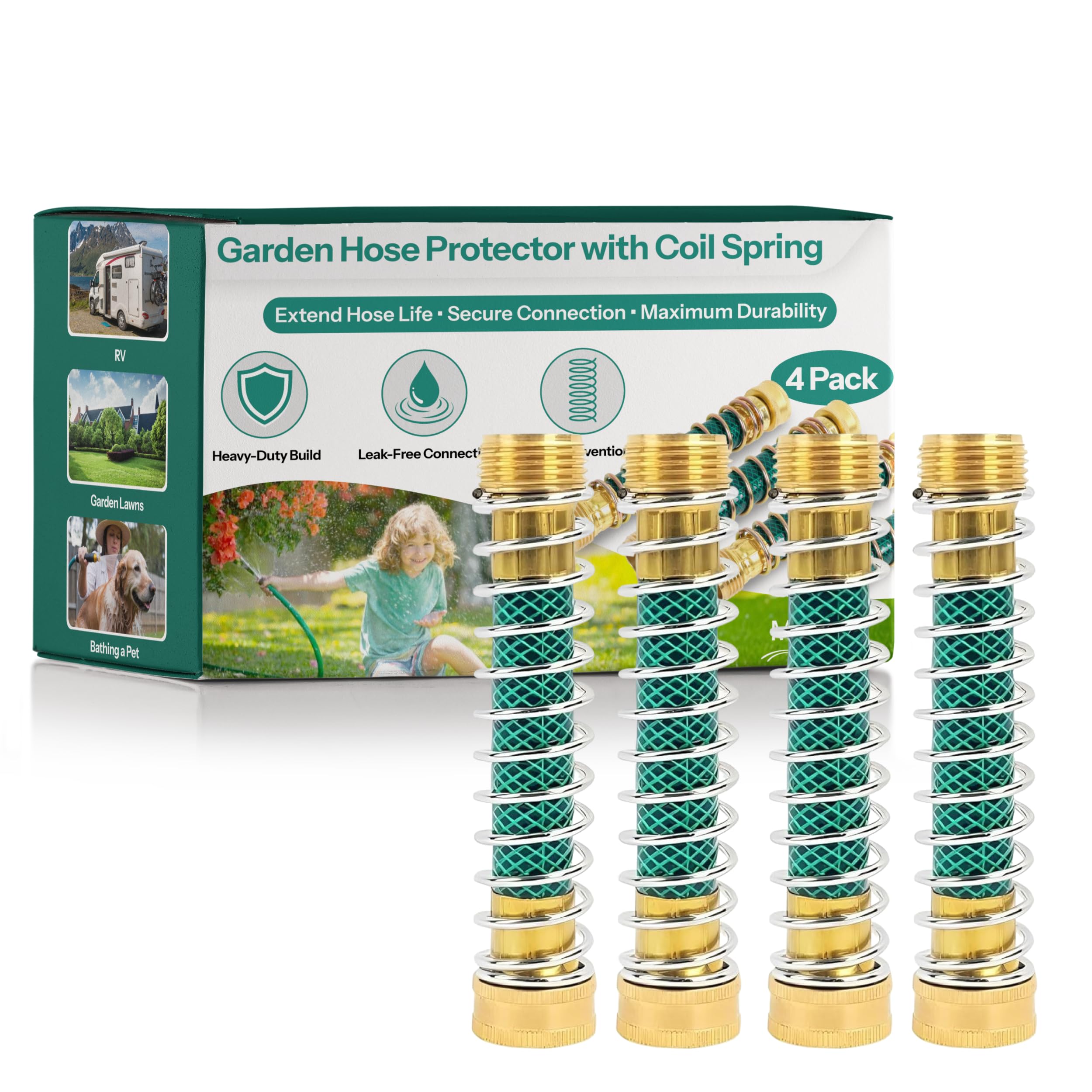Protezione per tubo da giardino con molla elicoidale (4 pezzi) – Adattatore prolunga per tubo da 3/4", in ottone resistente e PVC, protezione antipiega, senza perdite, con rondelle extra per giardino