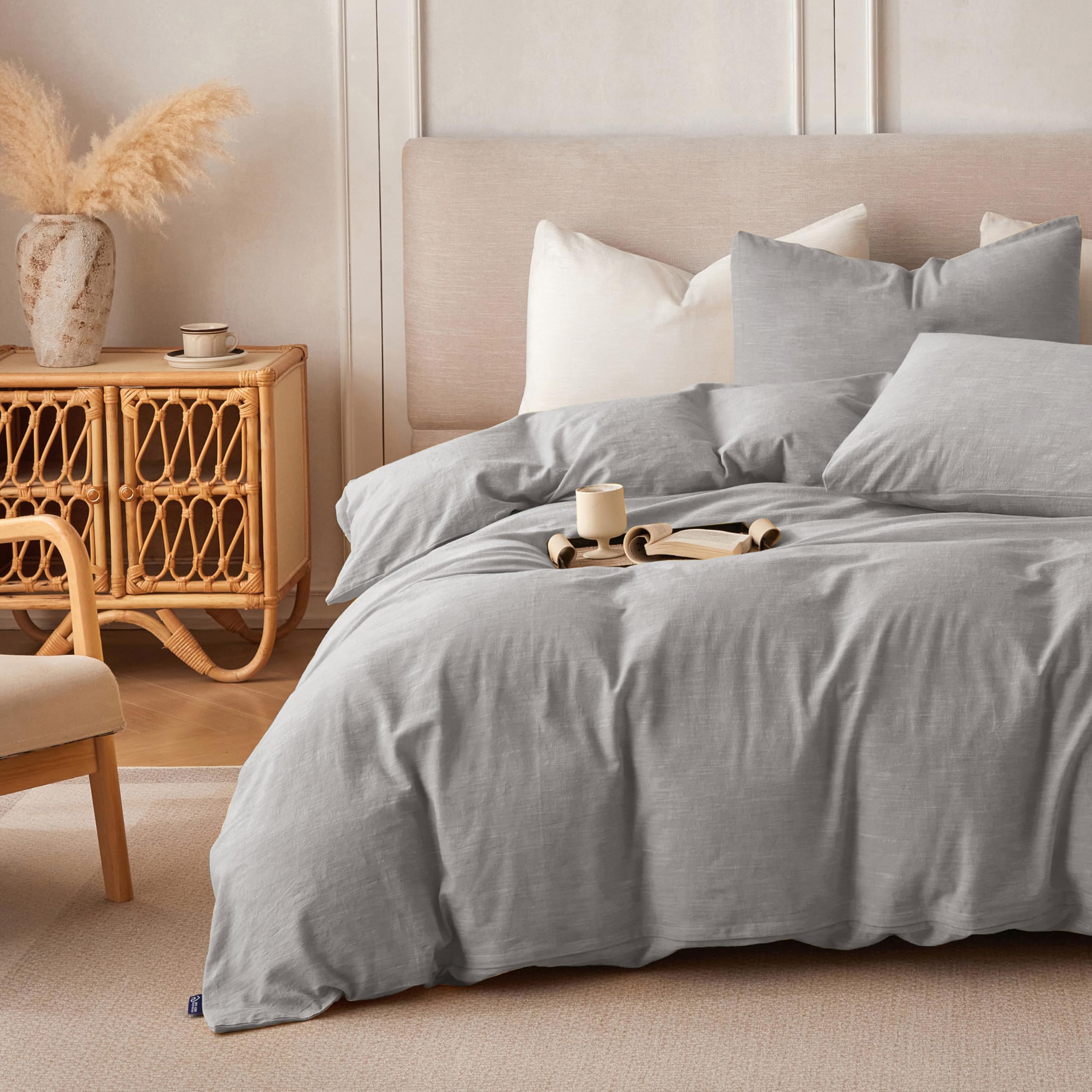 BFS HOME Linen Duvet Cover Queen Size - Soft Breathable Cotton Linen Blend, 3-Pieces Bedding Set with 2 Pillowcases, Stonewashed Texture, Grey,