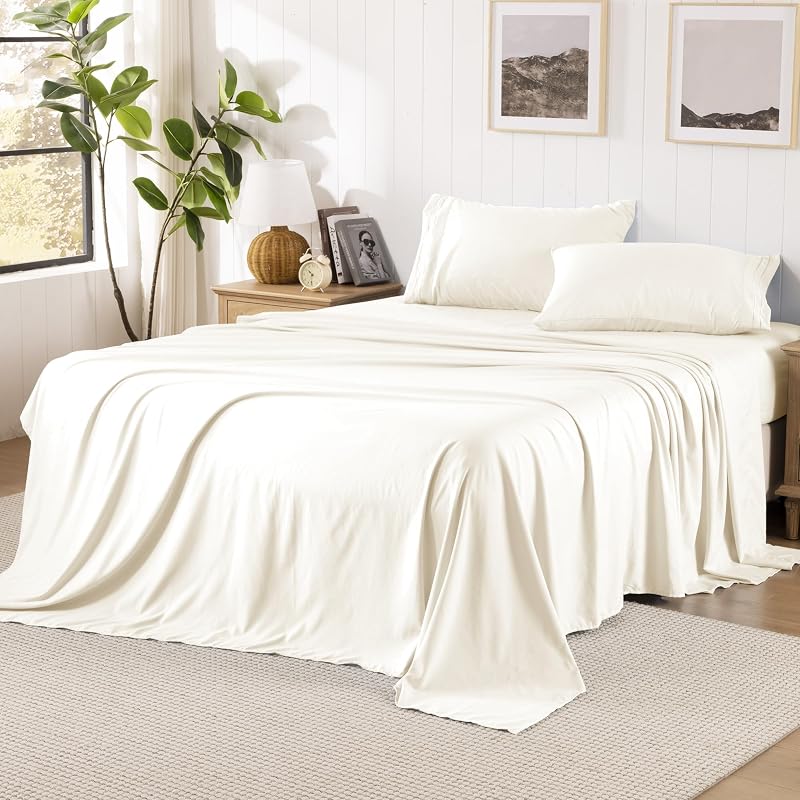 Beige Sheets Queen Sheet Set, Pre-Washed Cotton-Like Brushed Microfiber, 4 Pcs Super Soft Breathable Cooling Bed Sets,Includes 1 Fitted, 1 Flat, 2 Pillowcases (Beige, Queen)