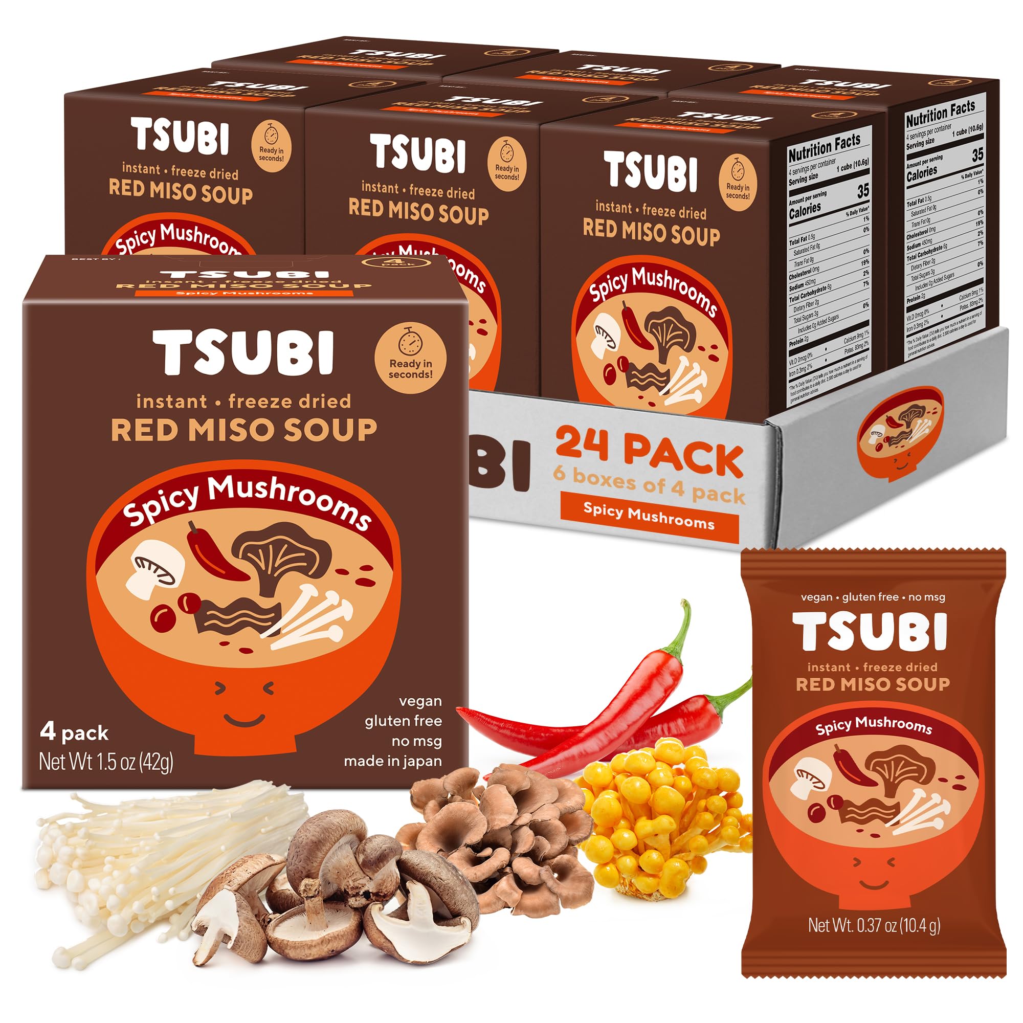 Tsubi Soup Freeze-Dried Japanese Miso Soup Packets - Instant, Vegan, Easy Mix, Gluten & MSG-Free, and Flavorful - Ready in Seconds - Made in Japan - Red Miso (Spicy Mushroom) - 24 Packs