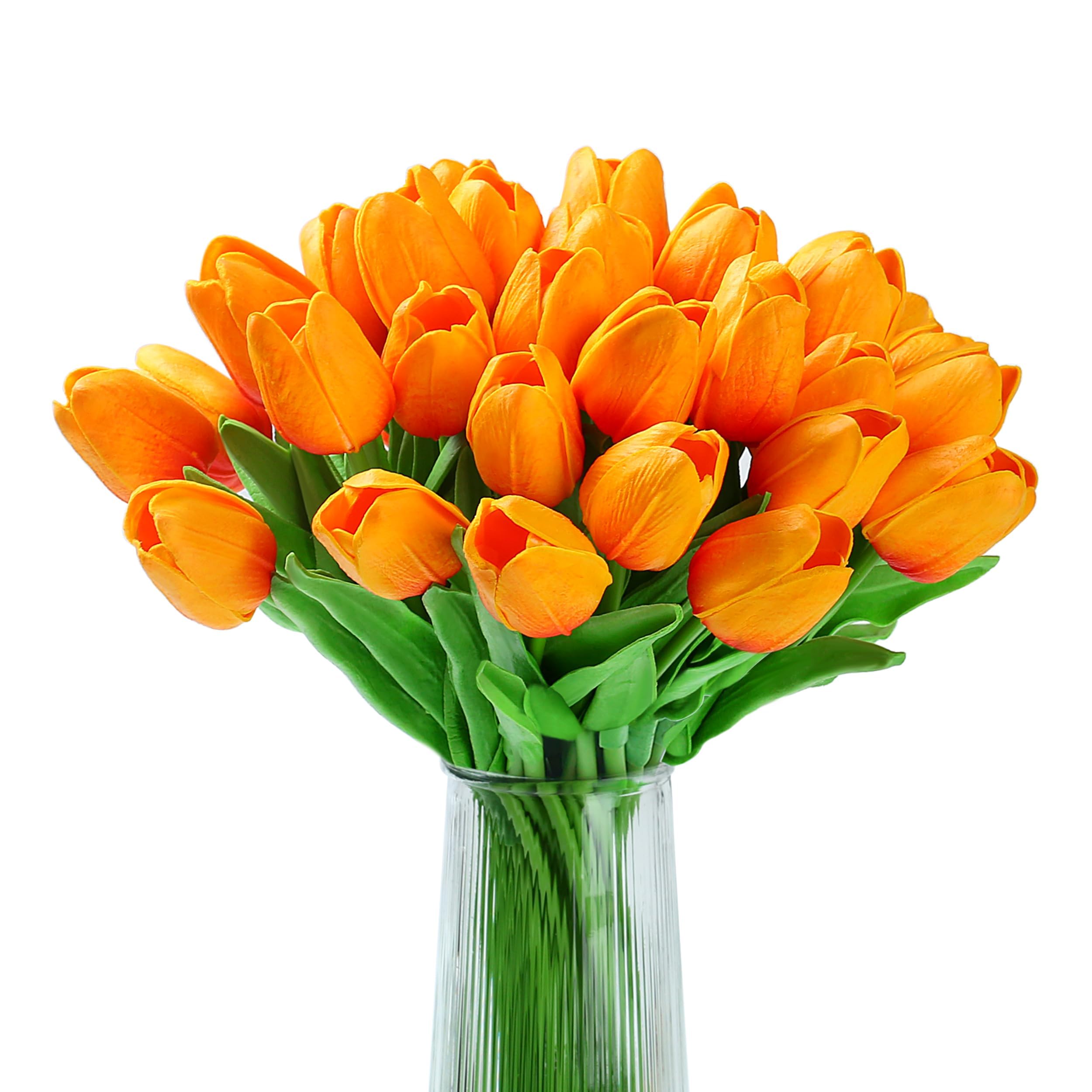 XIANNVXI 20pcs Orange Tulips Artificial Tulip Flowers Silk Tulips Decorative Fake Faux Orange Flowers for Indoor Spring Kitchen Wedding Bouquet Rome Decor 14 Inch