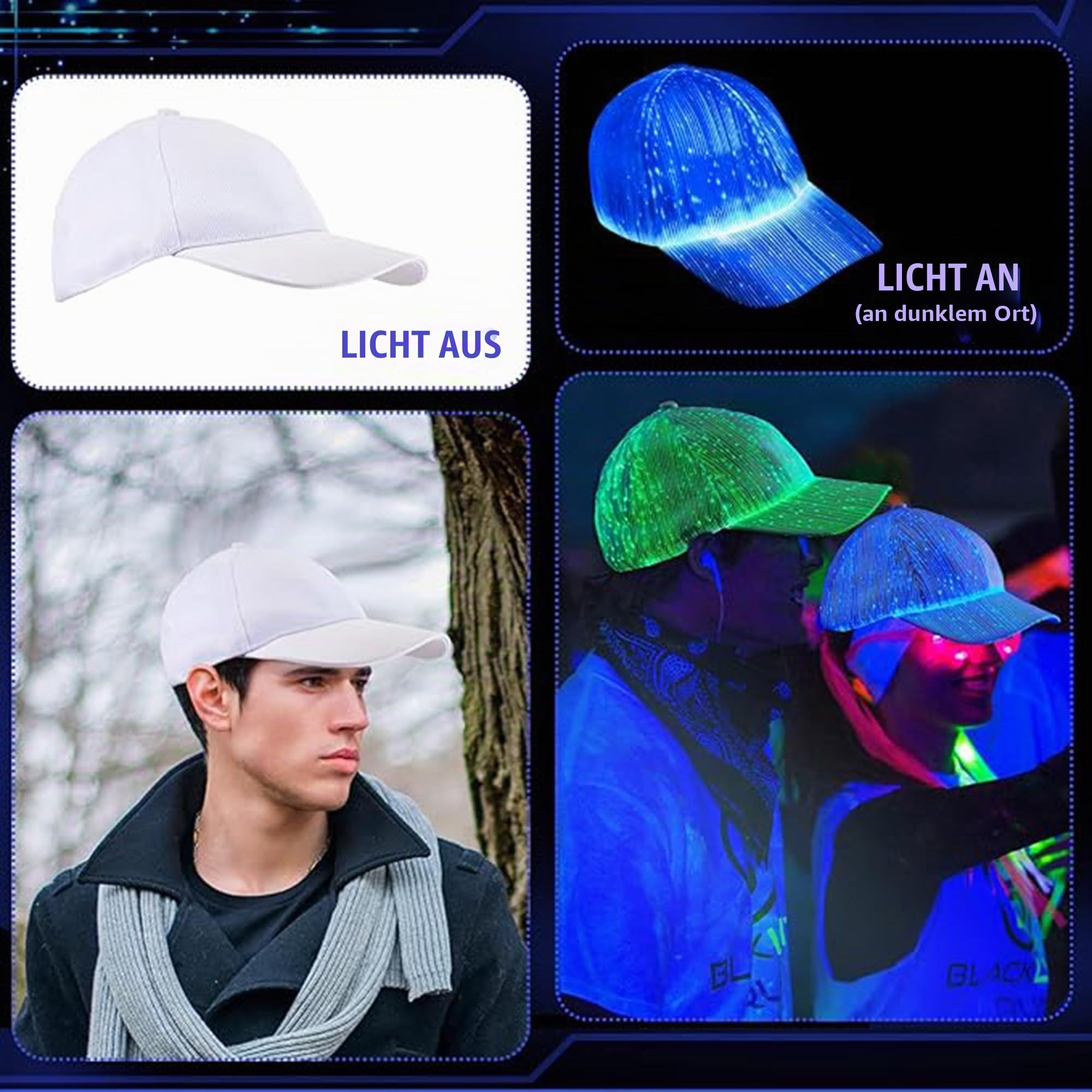 Cool Baseballkappe mit RGB Licht | LED-Hut mit 7 Farben & 5 Blinkende Modi | Verstellbar, USB Wiederaufladbare, Lichtmütze für Damen und Herren, Rave-Zubehör für Party, Geschenke Cap für Männer Frauen