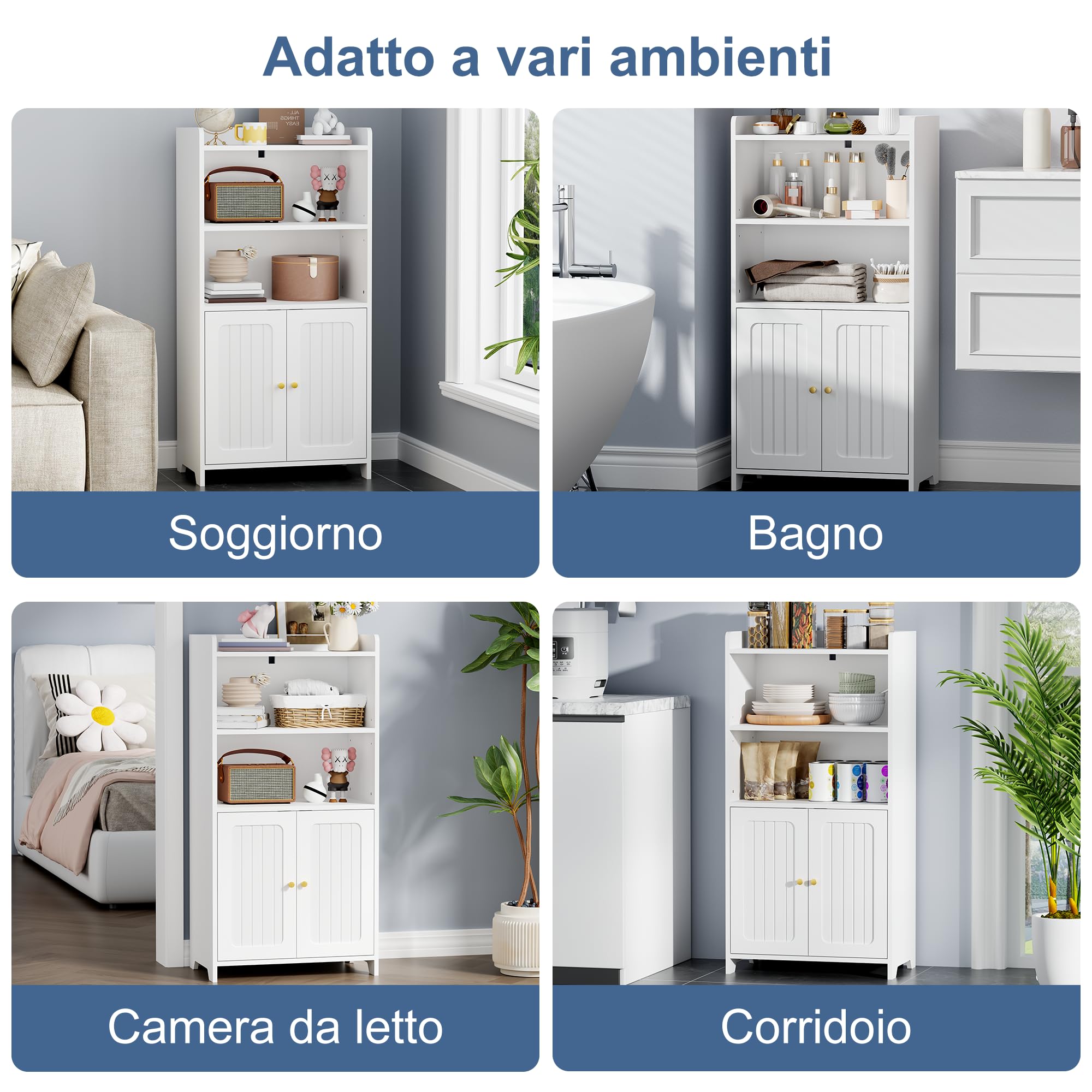 BEWISHOME Mobile da Bagno, Mobile con 2 Porte e Ripiani Regolabili, Mobile Salvaspazio per Bagno, Adatto per Bagno, Soggiorno e Cucina, 30 x 50 x 100 cm, Bianco, EYYG18W