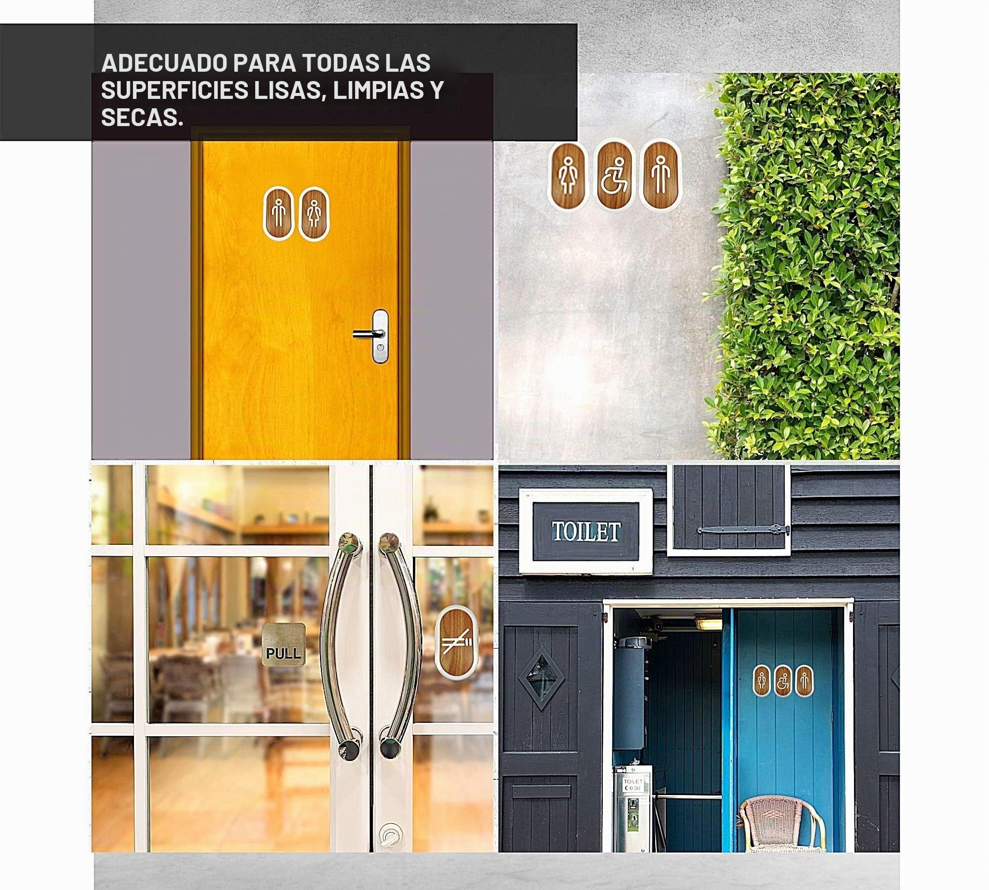 DOJA BARCELONA | Cartel para Baño | Hombre + Mujer + Discapacitado | Color Madera | 100mm x180mm | Simbolo Adhesivo WC para Puerta | Placa Pegatina para Aseo, Aseos Cartel, Señal de Lavabo