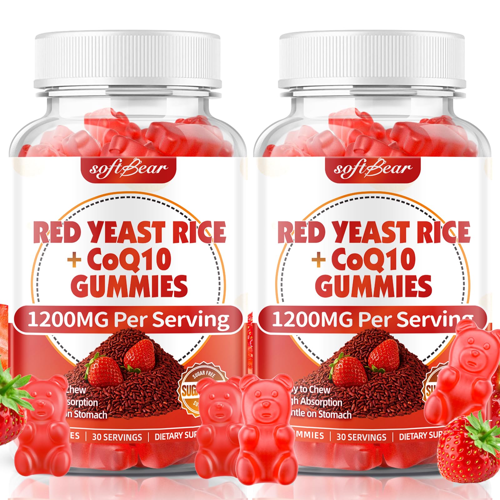 softbear Red Yeast Rice with CoQ10 Gummies, Sugar Free Red Yeast Rice Supplement 1200mg with CoQ10 200mg for Women & Men, Strawberry Flavor, 120 Count Strawberry 60 Count (Pack of 2)