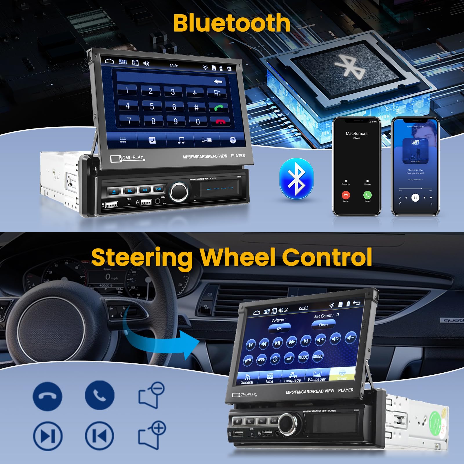 Hikity 1 Din Uitbreidbaar Touchscreen 7 Inch Bletooth Radio met Bluetooth Handsfree FM AUX TF USB SWC Mirror Link Achteruitrijcamera