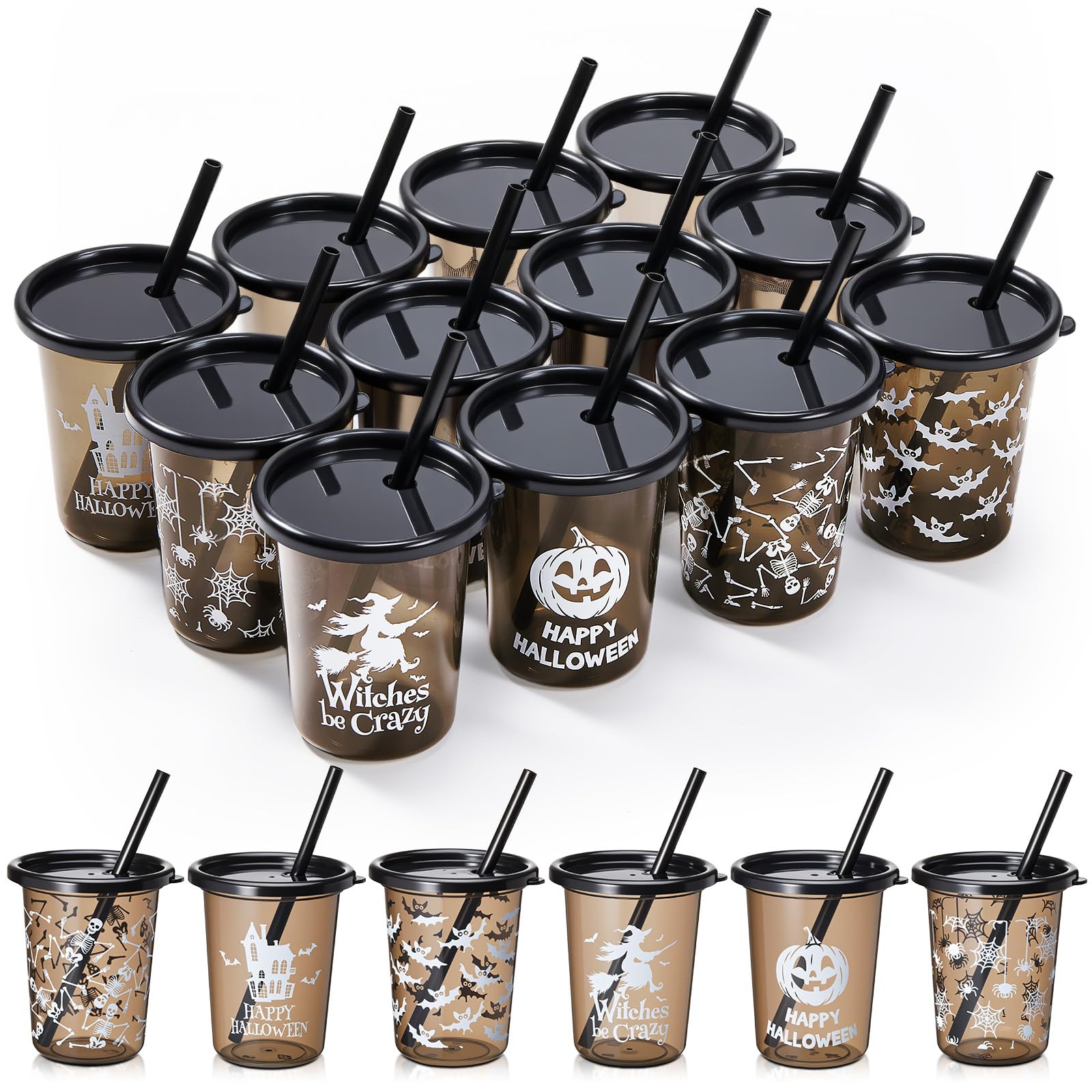 Nuanchu Halloween-Becher für Kinder, Kunststoffbecher mit Deckel und Strohhalmen, 284 ml, wiederverwendbare Kleinkindbecher für Halloween-Party, Geschenkzubehör (24 Stück, dunkel)