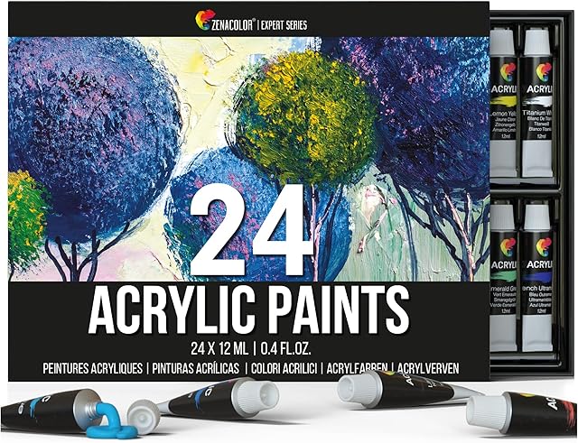 Zenacolor 24 Acrylic Paint Set 12ml Tubes (0.4 oz) - Set of Paints for Canvas, Art and Craft for Artist and Professional