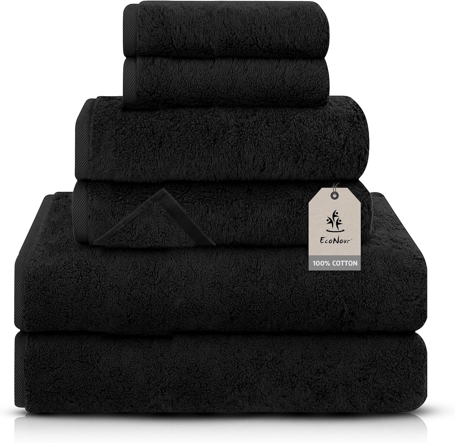 EcoNour Luxury 6 Pack Black Turkish Cotton Bath Towels, 550 GSM 100% Cotton Includes 2 Bath, 2 Hand & 2 Washcloths, Ultra Soft, Quick Dry & Highly Absorbent, Spa Hotel Quality