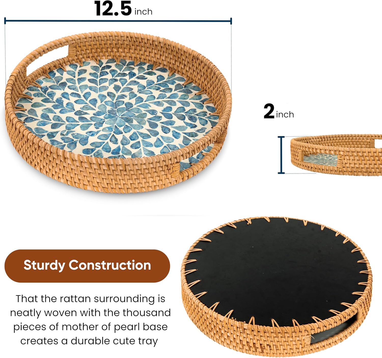 KOLWOVEN Round Rattan Tray with Handle, Rattan Serving Tray with Mother of Pearl Inlay Wooden Base, Decorative Wicker Basket for Table Decor (Blue Leaves) - Image 4
