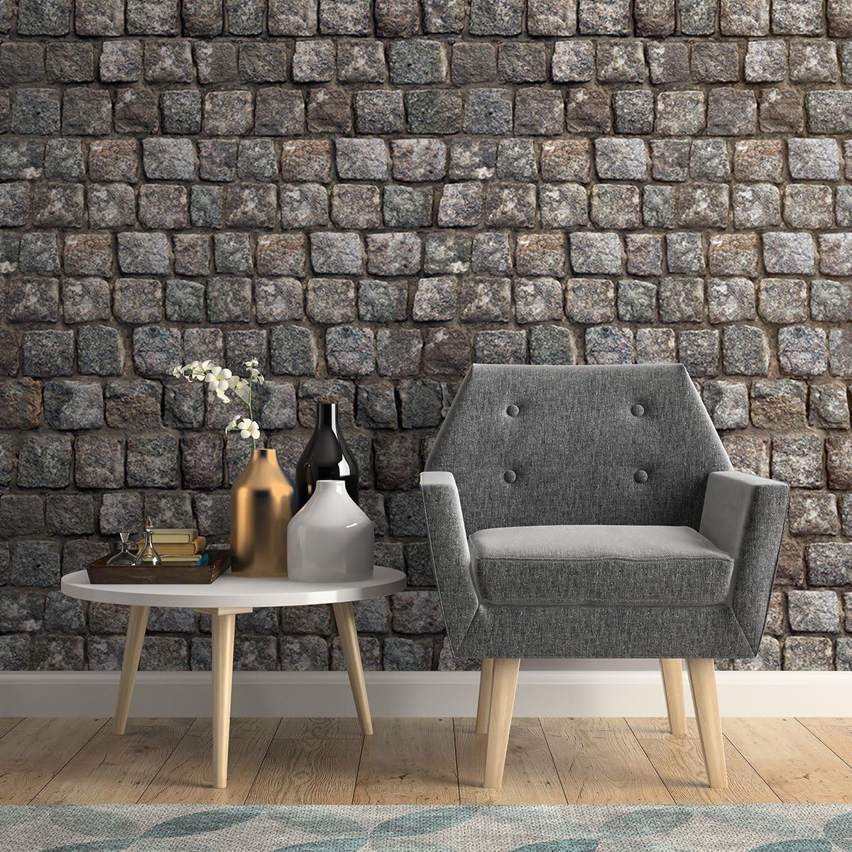 Walls By Me Peel and Stick Brown and Grey Stone Imitation Removable Wallpaper 4205-2ft x 4ft (61x122cm)