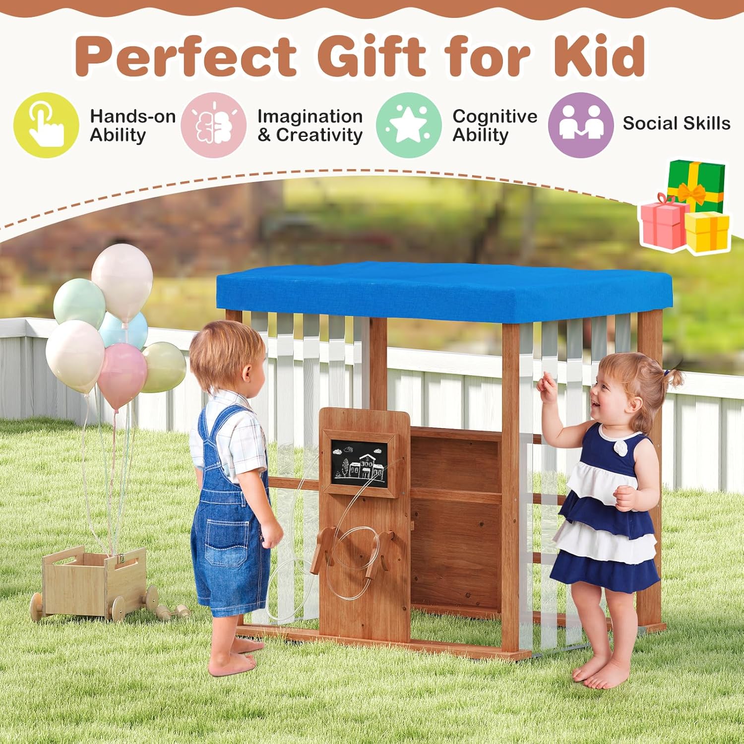 Costzon Kids Gas Station Playhouse, Outdoor Pretend Playset with Gas Refueling Guns, Chalkboards & Storage Shelves, Cedar Wooden Kids Playhouse with Canopy, Role Play Toy for Aged 3+