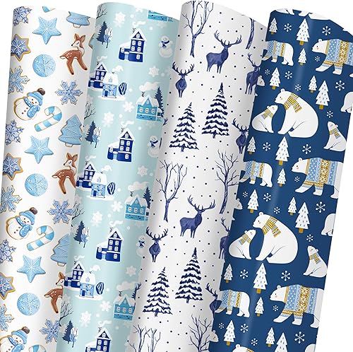 RiukRaiu Papel de regalo de Navidad para niños, hombres y mujeres. Diseño de Navidad, envoltura de regalo que contiene árbol, automóvil, copo de