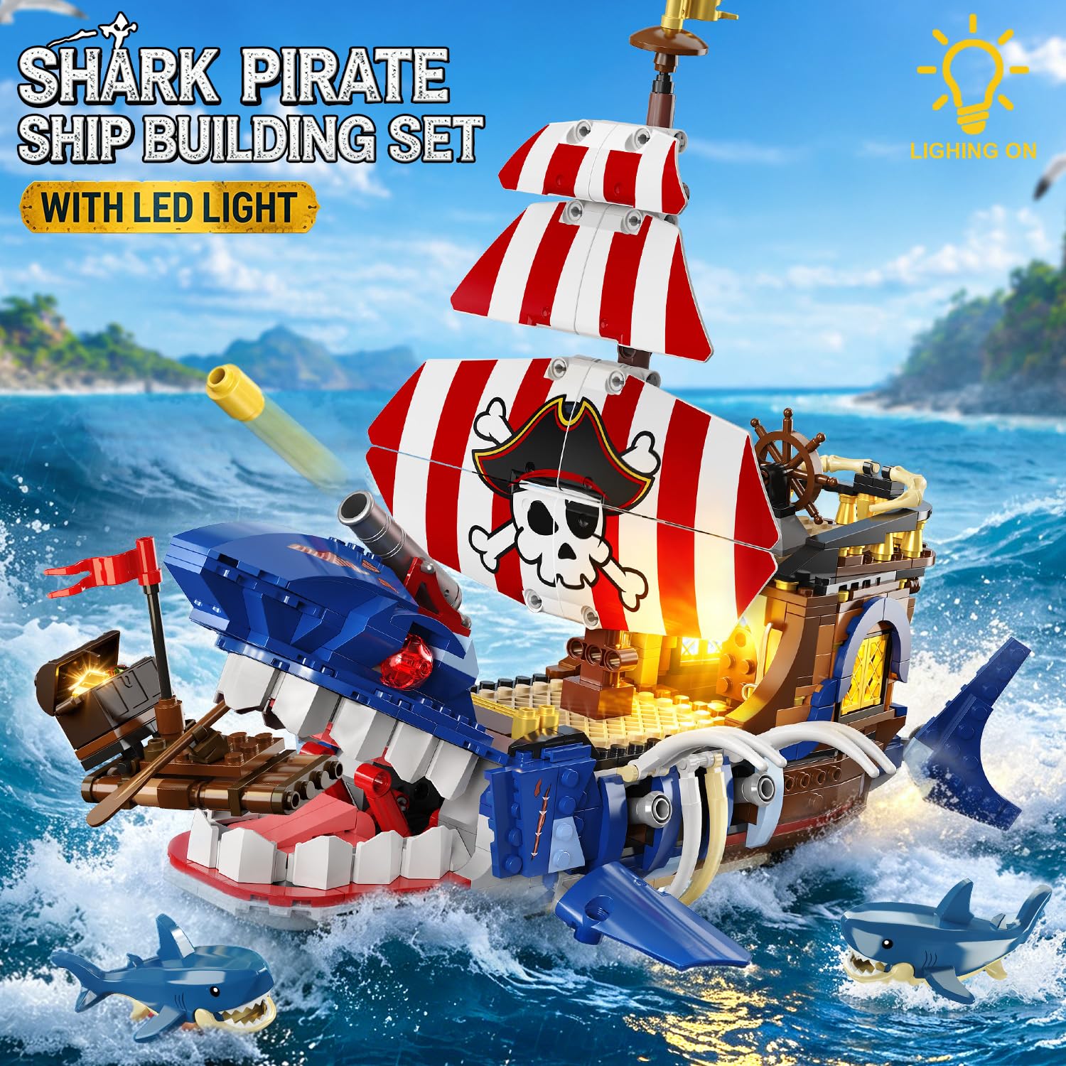 HiWEEGO Technik - Kit di costruzione a forma di nave pirata con luce LED, per bambini di 8 anni | 887 pezzi, oceano mobile, avventura, barca dei pirati, set di giocattoli con squalo, regalo per bambini da 8 a 12 anni in su
