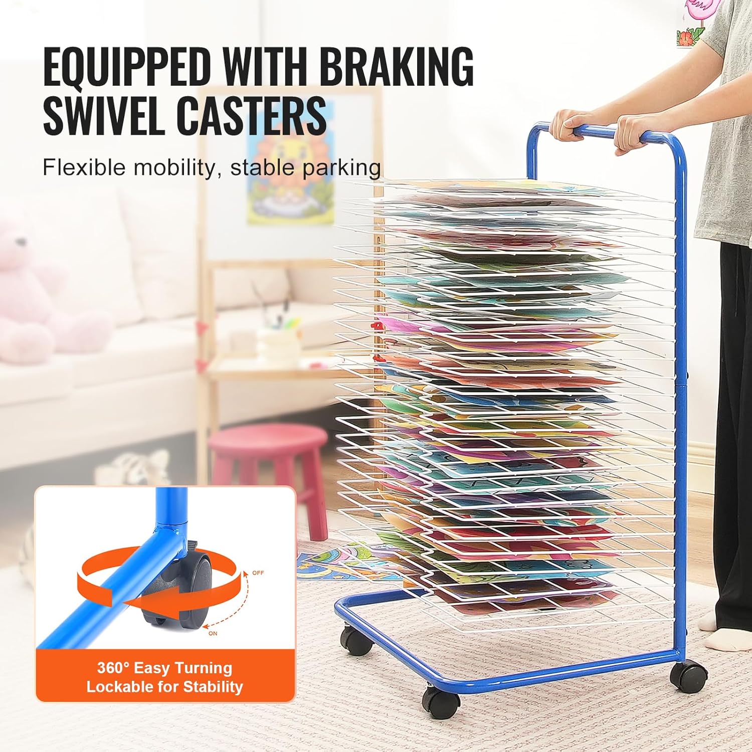 Happybuy Art Drying Rack, 25 Removable Shelves, 23.75x17.5x38 inch, with Wheels, for Classrooms, Studios, Schools, Blue+White