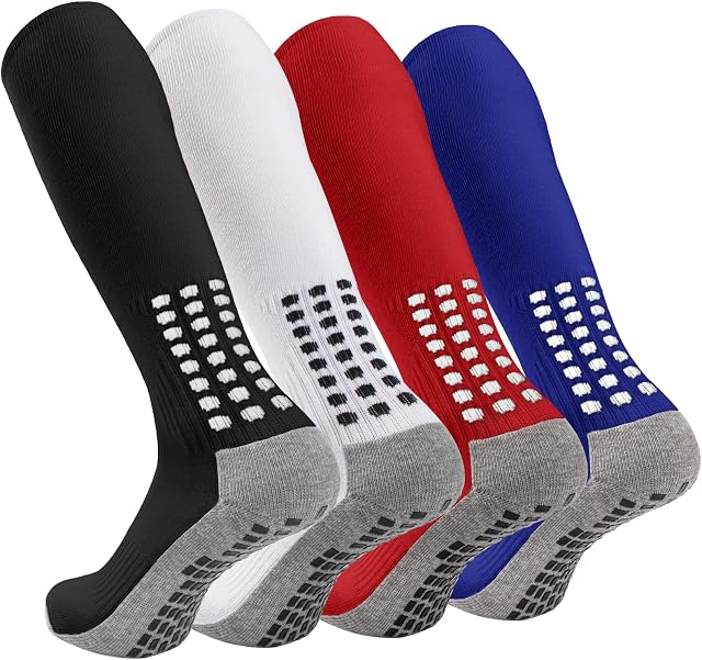 Geebuzz 4 Pairs Men's Football Socks Knee High Grip Socks Football Non Slip Football Basketball Hockey Sports Grip Socks