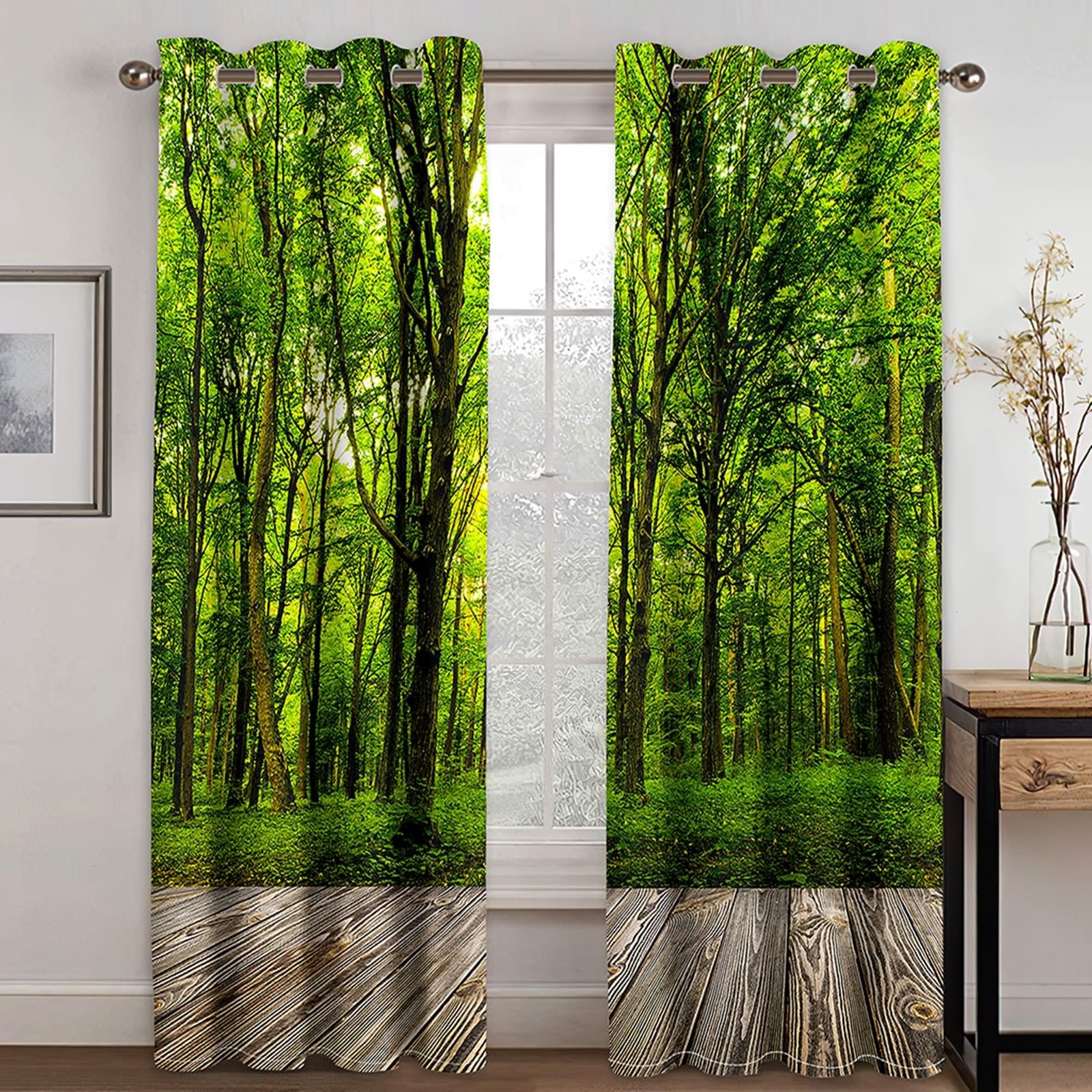 Gualiy Rideau Occultant Salon, Rideaux Thermique Fenetre Plancher en Bois et Paysage Forêt Rideaux Lot de 2 132x160cm
