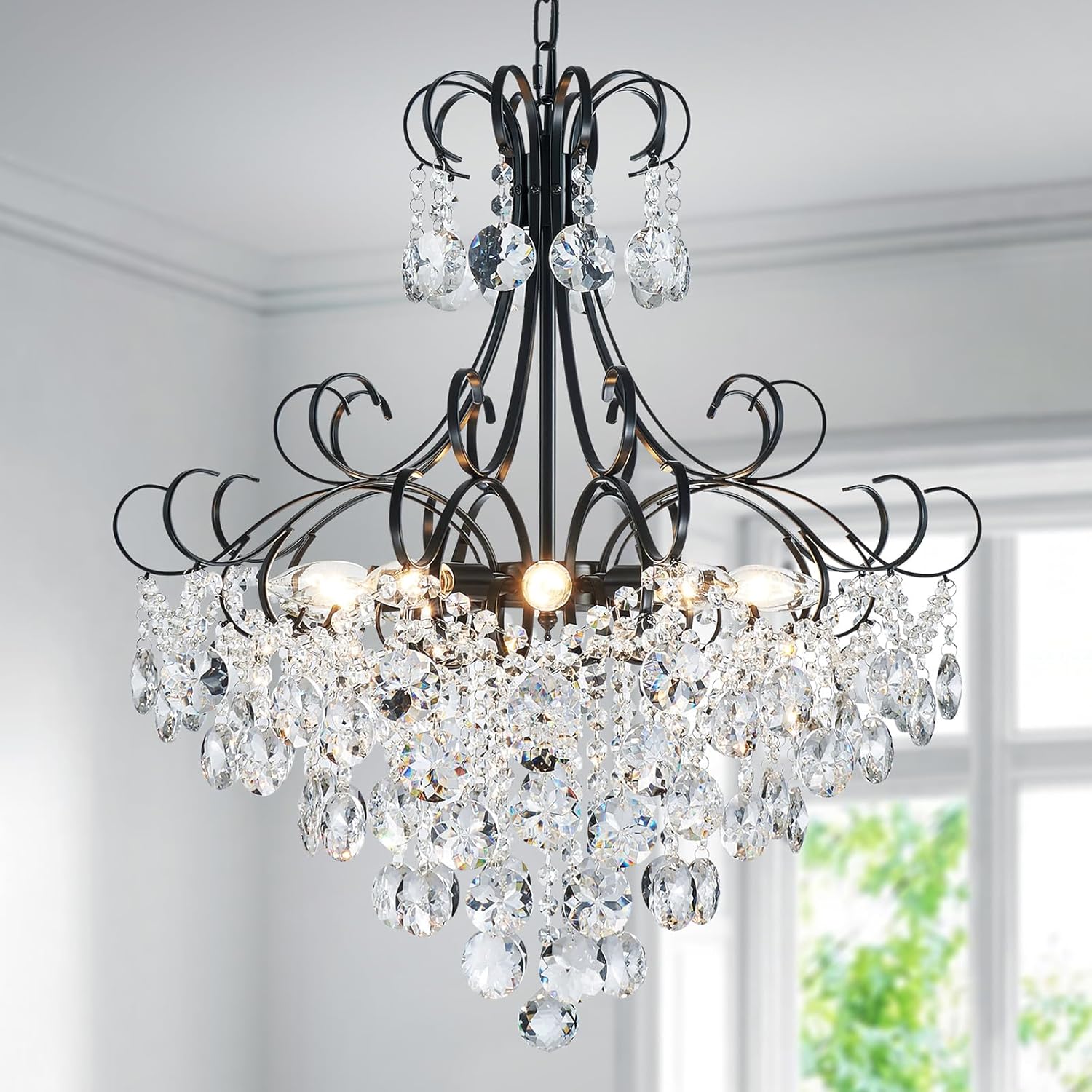 ANJIADENGSHI Crystal Chandelier K9 Crystal Lighting Chandelier for Living Room 10 E12 Bulbs High 27.6 in x Diameter 22.8 in, Black Black 28" High 23" Wide
