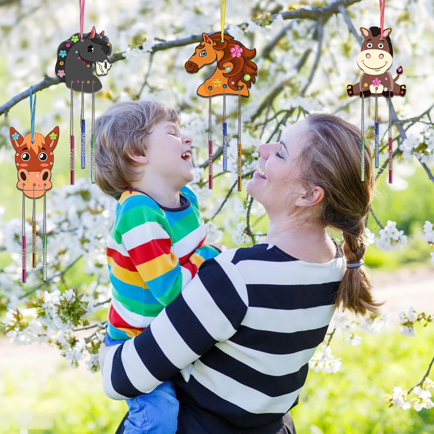 Fennoral 8 Pack Wind Chime Kit for Kids Make Your Own Horse Head Wind Chime Wooden Arts and Crafts for Girls Boys Ornaments DIY Coloring Horse Craft for Art Activity Birthday Party Supplies