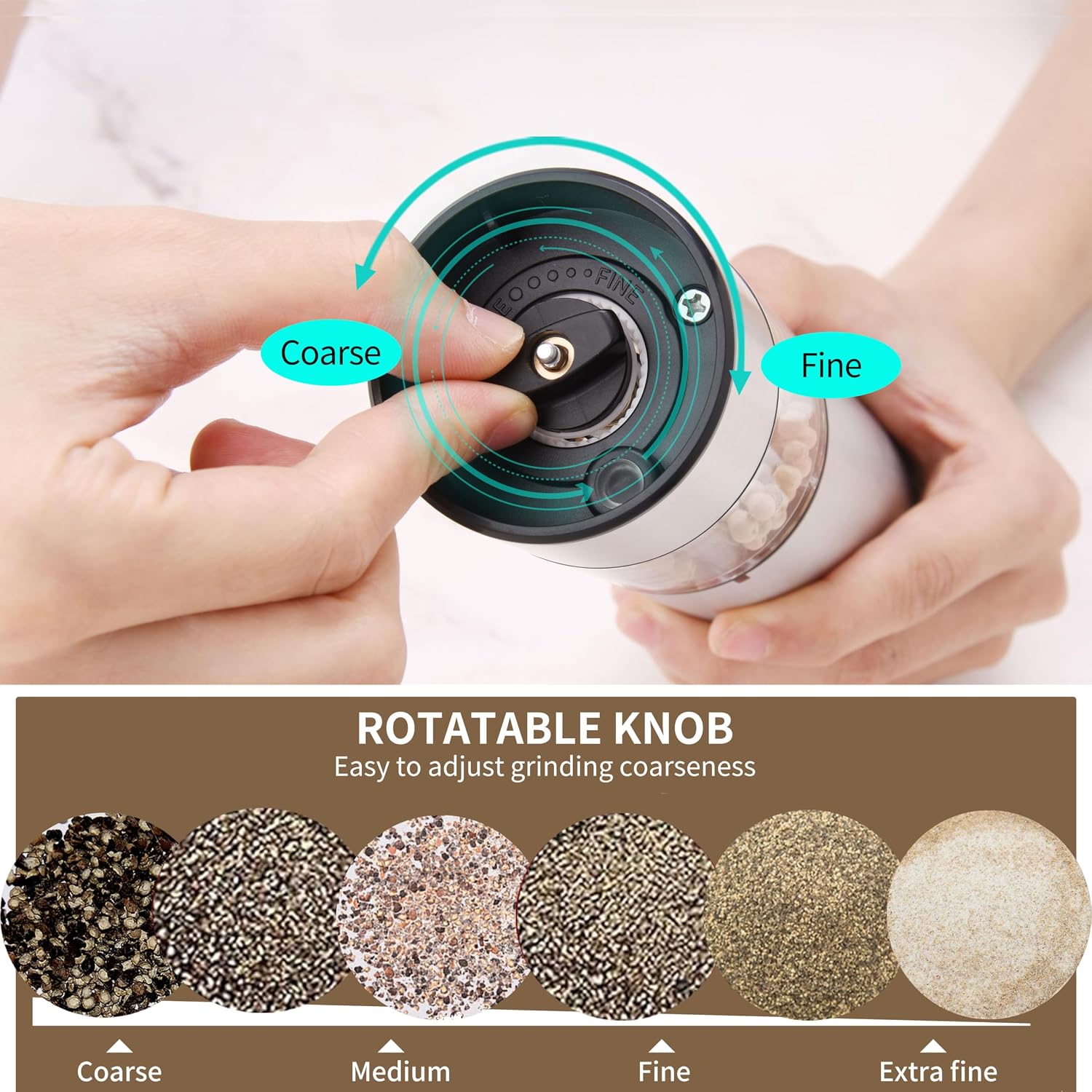 Electric Salt and Pepper Grinder Set Rechargeable Adjustable Coarseness Stainless Steel Pepper Mill With Washable 95ml Container,electric pepper grinder LED Light Light and Base,Silver NEW for Home