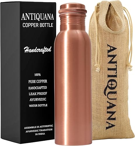 Miniatura 2 de Botella de agua de cobre puro de 34 onzas, diseño martillado a prueba de fugas con vaso, bolsa de transporte y acabado liso decorativo, botella de