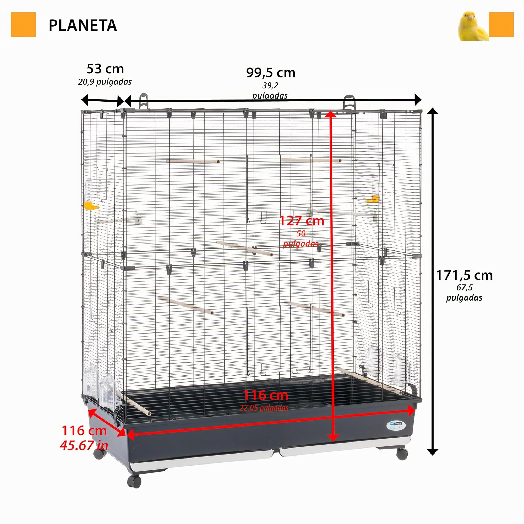 Ferplast Jaula para Pájaros, Aviario Planeta Large Jaula Grande Pájaros, Canarios, Periquitos, Cotorras, Agapornis, de Metal, Todos los Accesorios Comedero Perchas Ruedas, 118 x 59 x h 135 cm.