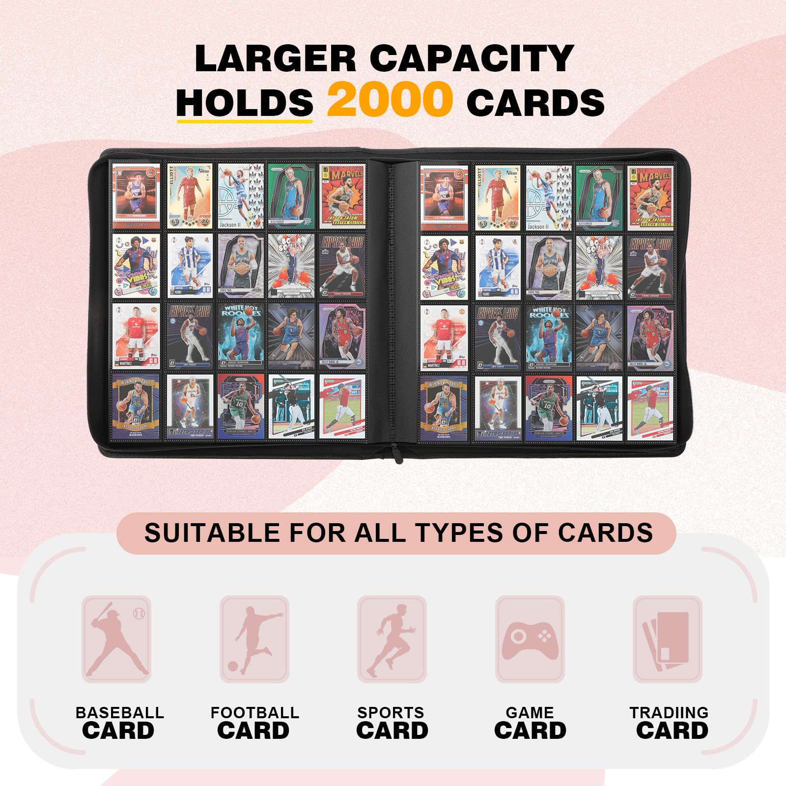 Raccoglitore di carte a 20 tasche, contiene 2000 carte, album di carte collezionabili con cerniera, compatibile con TCG, carte da gioco e sportive (bianco avorio)