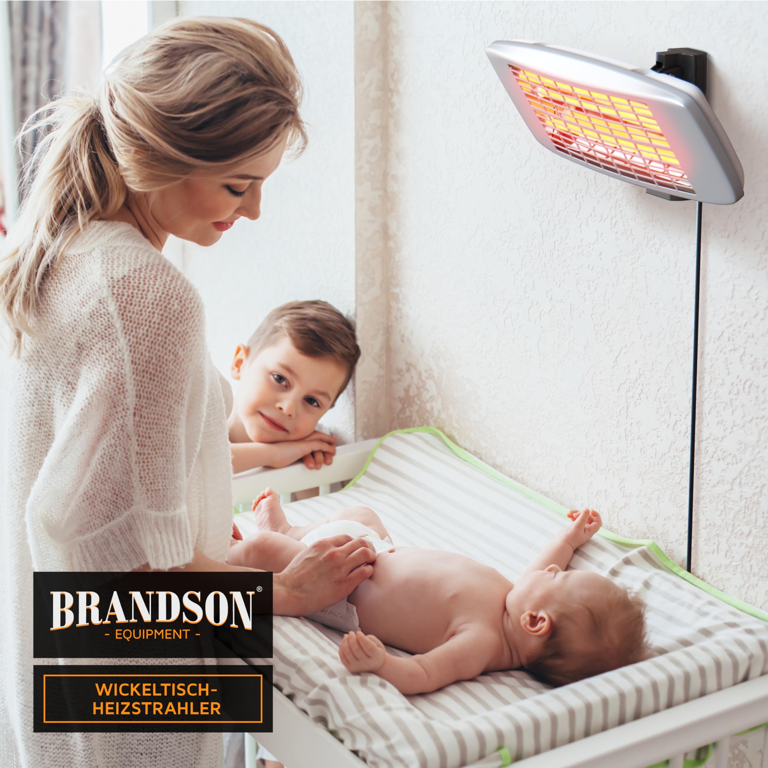 Brandson - Wickeltisch Heizstrahler für das Baby - mit Fernbedienung - Heizstrahler Wärmelampe - Standheizstrahler - 3 Leistungsstufen Heizelemente - Heizlüfter Wandhalterung - Wickeltischheizstrahler