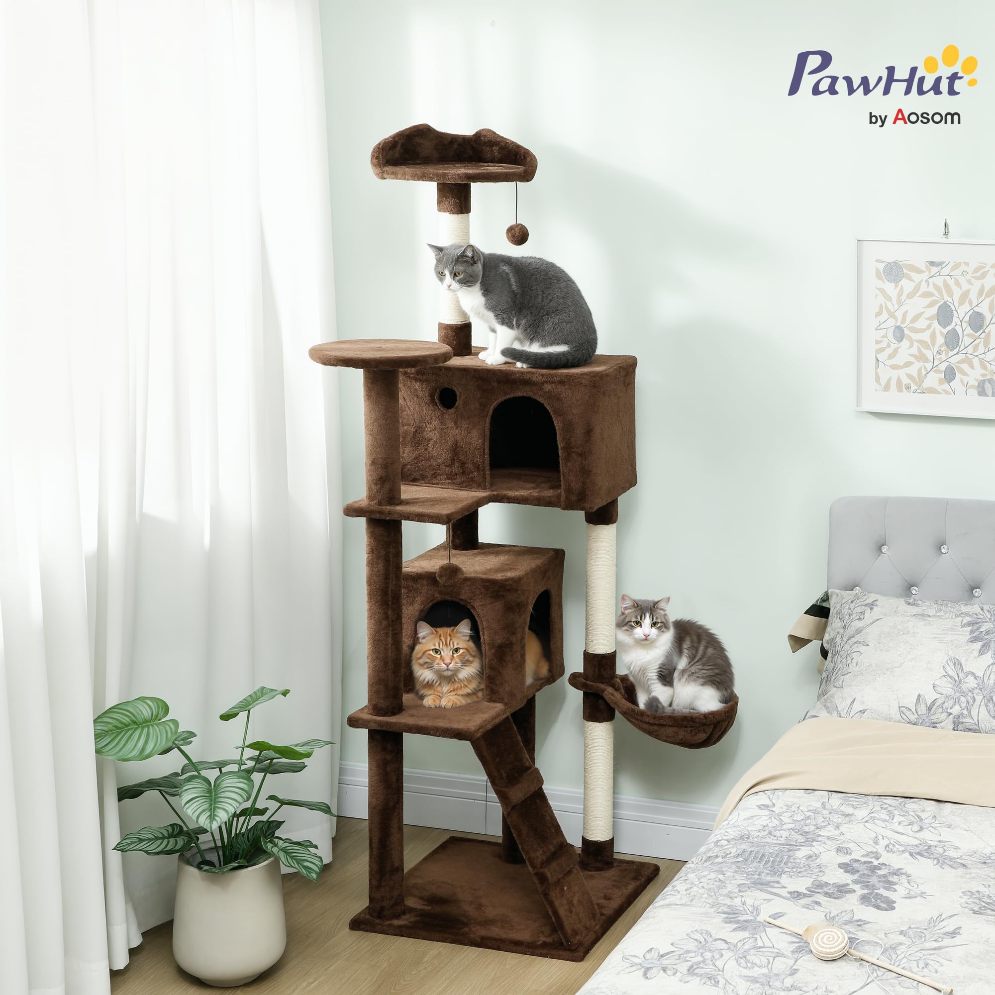 PawHut Arbre à Chat griffoir avec Tour d'escalade 180 cm Marron | Arbre à chat, plateformes multiples, lit, 2 grottes, hamac, échelle, poteaux en sisal, balles de jeu